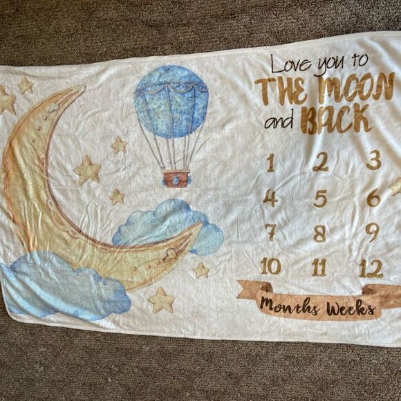 Baby blanket monthly weekly milestone Love you to the‎ moon, white blue yellow - Picture 1 of 16